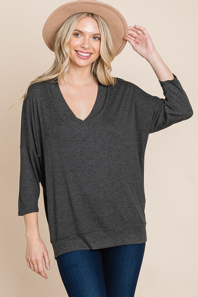 Solid Rib Modal Casual 3/4 Sleeves Dolman Sleeves Top-Charcoal
