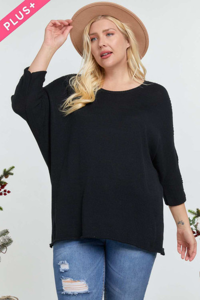 Solid Round Neck 3/4 Sleeve Sweater Top-Black