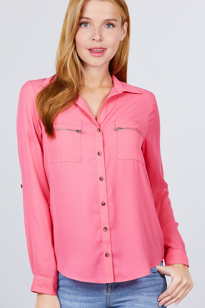 3/4 Roll Up Sleeve Pocket W/zipper Detail Woven Blouse-Pink