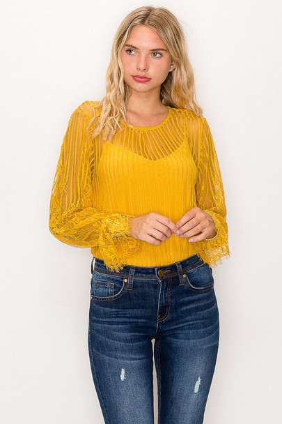 Lace Trim Shadow Stripe Bodysuit-Teal Leaf