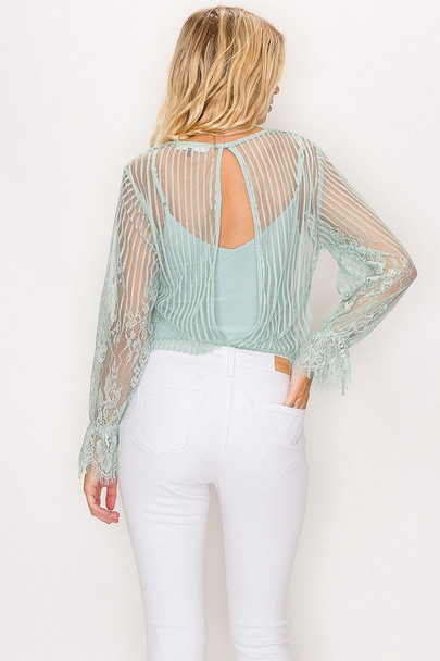 Lace Trim Shadow Stripe Bodysuit-Mint