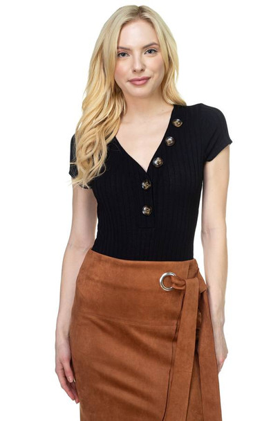 Button V-neck Bodysuit-Black