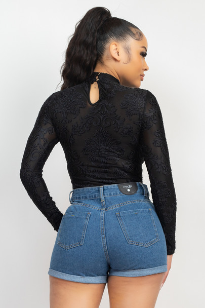 Embroidered Mock Neck Keyhole Bodysuit-Black