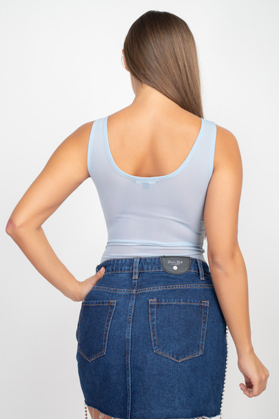 Scoop Neck Mesh Bodysuit-Dusty Blue