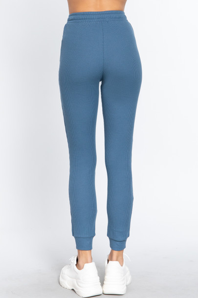 Waist Band Side Pocket Thermal Pants-Steel Blue