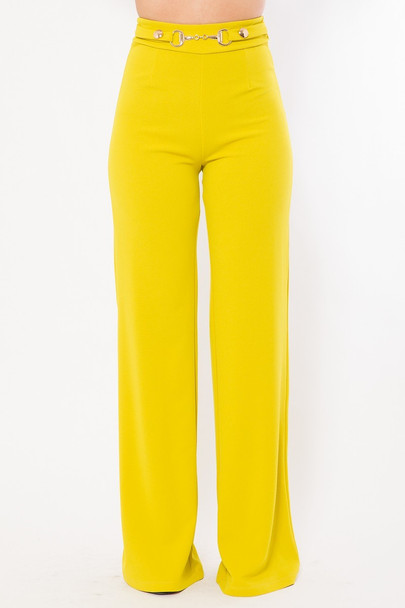 Waist Button And Buckle Detailed Fashion Pants-Lime