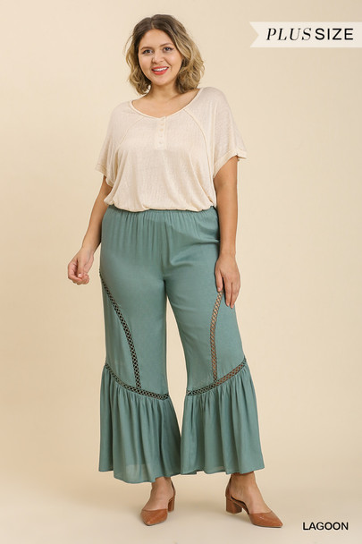 Wide Leg Elastic Waist Lace Tape Pants-Lagoon