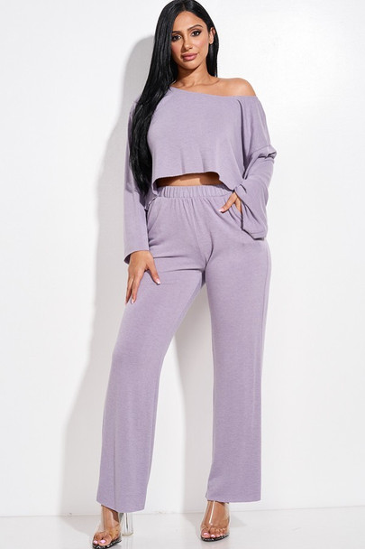 Solid French Terry Long Slouchy Long Sleeve Top And Pants With Pockets Two Piece Set-Purple