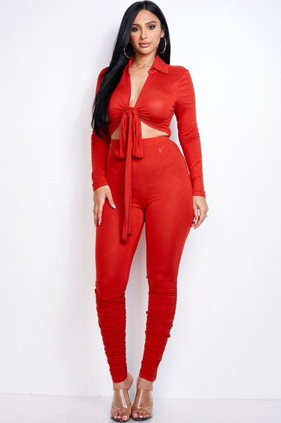 Solid Heavy Rayon Spandex Collared Tie Front Top And Ruched Pants Two Piece Set-Rust