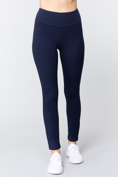 Waist Band Long Ponte Pants-Navy