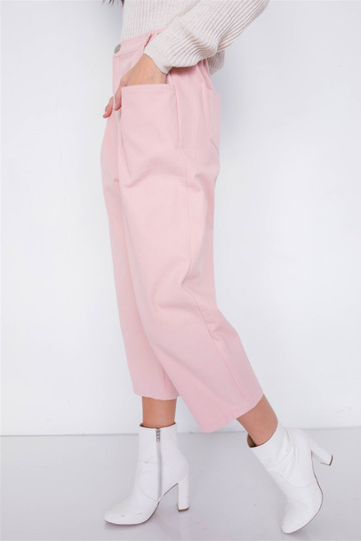 Pastel Chic Solid Ankle Wide Leg Adjustable Snap Waist Pants-Dusty Rose