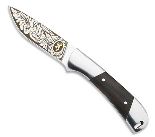 This is a Browning fixed blade knife featuring a decorative etched blade with the Buckmark logo that measures 3 inches and a wood inlay handle.