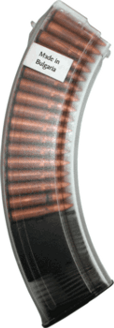 This is a 40 round clear polymer AK-47 magazine 7.62x39mm, made in Bulgaria.