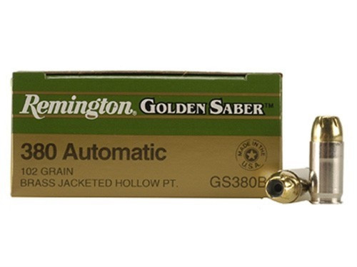 Remington Golden Saber .380 ACP 102 Grain Brass Jacketed Hollow Point, has 25 rounds per box, manufactured by Remington.