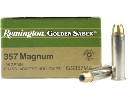 Remington Golden Saber .357 magnum 125 Grain Brass Jacketed Hollow Point, has 25 rounds per box, manufactured by Remington.