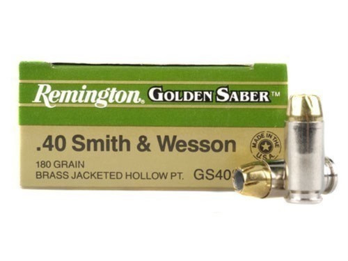 Remington Golden Saber 40 s&w 180 Grain Brass Jacketed Hollow Point, has 25 rounds per box, manufactured by Remington.