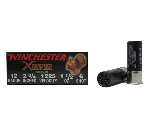 Winchester Supreme XTENDED RANGE High Density Turkey Load 12 gauge, 2 3/4" shell loaded with #6 shot (1 1/2 oz.), 10 rounds per box, manufactured by Olin under the Winchester trademark.