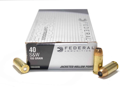 Federal 40 s&w 155 Grain Jacketed Hollow Point, HST bullet design, has 25 rounds per box, manufactured by Federal.