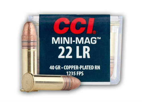 CCI Mini-Mag .22 long rifle 40 Grain Copper-Plated Round Nose, has 100 rounds per box, manufactured by CCI.