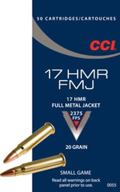 CCI .17 HMR 20 Grain FMJ, has 50 rounds per box, manufactured by CCI.