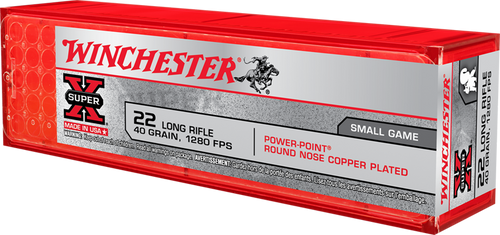 Winchester Super-X .22 long rifle 40 Grain Power-Point (hollow point) Copper-Plated Lead Round Nose, has 100 rounds per box, manufactured by Winchester.