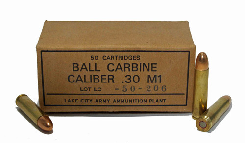 This is a box of Lake City Army Ammunition for the .30 carbine, 50 rounds per box. Boxes are all numbered 50-206 and the brass is stamped "LC 71"