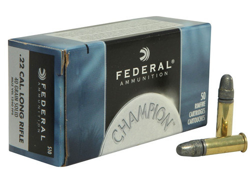 Federal Champion .22 long rifle 40 Grain Lead Round Nose, has 500 rounds per box, manufactured by Federal.