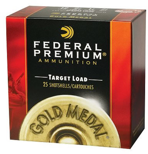 Federal Premium Gold Medal Paper Target 12 gauge, 2-3/4" shell loaded with 1-1/8 oz. of #8 shot, 25 rounds per box, manufactured by Federal Cartridge Company.