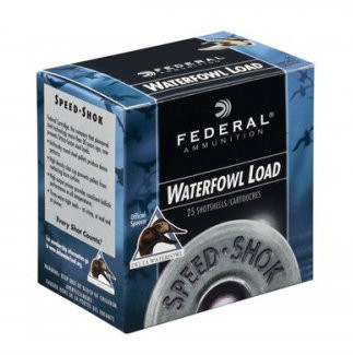 Federal Premium Speed-Shok Waterfowl Load 12 gauge, 3" shell loaded with 1-1/8 oz. of T-shot, 25 rounds per box, manufactured by Federal Cartridge Company.