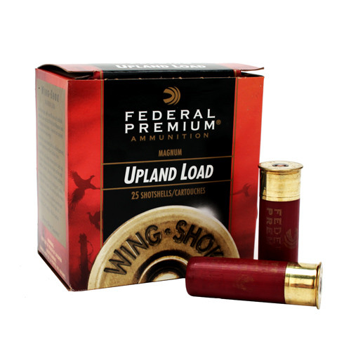 Federal Premium Wing-Shok Upland Load 12 gauge, 3" shell loaded with 1-7/8 oz. of #4 shot, 25 rounds per box, manufactured by Federal Cartridge Company.