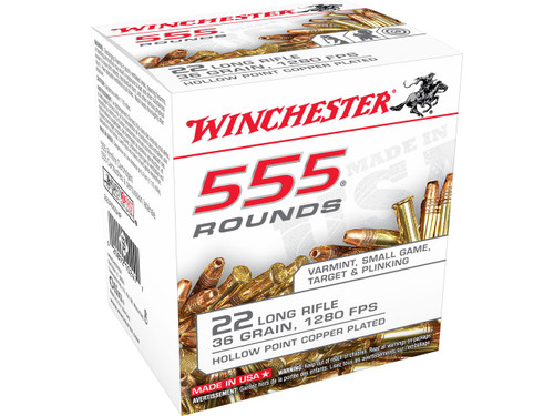 Winchester .22 long rifle 36 Grain Copper-Plated Hollow Point, has 555 rounds per box, manufactured by Winchester.