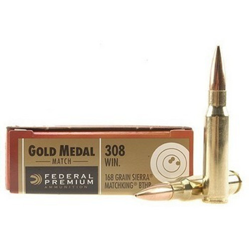 This is a box of Federal Gold Medal Match ammunition in the .308 winchester caliber, 168 grain Sierra Matchking Boat Tail Hollow Point, 20 rounds / box.