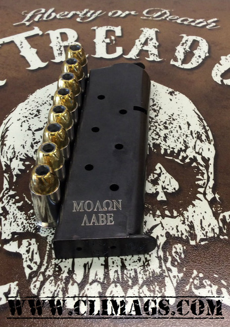 This is a 1911 magazine for firearms chambered in .45 acp, 8 round capacity. These custom laser engraved "Molon Aabe" magazines are made by Metalform.