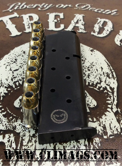 This is a 1911 magazine for firearms chambered in .45 acp, 8 round capacity. These custom laser engraved "Evil Smiley" magazines are made by Metalform.