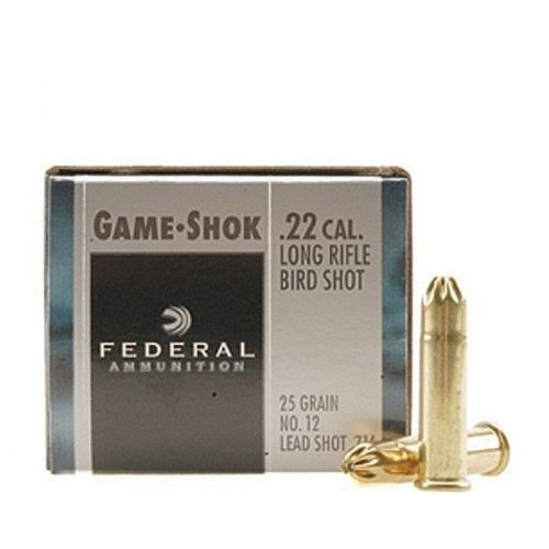 Federal Game-Shok .22 long rifle 25 Grain No. 12 bird shot, has 50 rounds per box, manufactured by Federal.