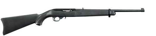 This is a Ruger 10/22 Carbine (37"long with 18.5" barrel) with a black synthetic stock. The barrel is finished in a satin black and is equipped with an adjustable rear sight and a gold bead front sight.