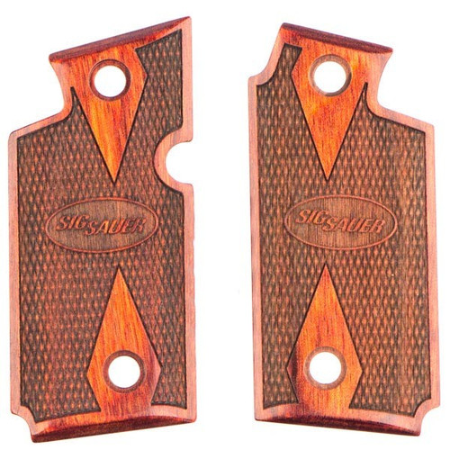 This is a pair of Sig Sauer grips for the P238. Made from rosewood these factory grips feature the double diamond checkered pattern.