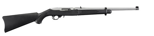 This is a Ruger 10/22 Take Down (37"long with 18.5" barrel) with a black synthetic stock. The barrel is finished in a clear matte stainless steel and is equipped with an adjustable rear sight and a gold bead front sight.