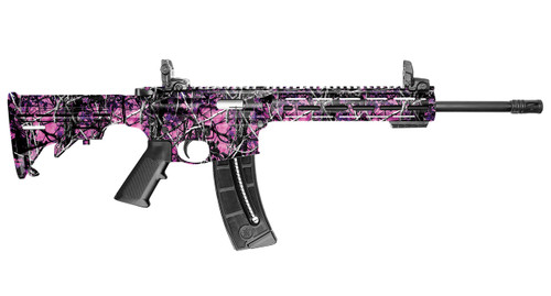 This is a Smith & Wesson M&P 15-22 Sport rifle with Muddy Girl furniture, chambered in .22 lr.