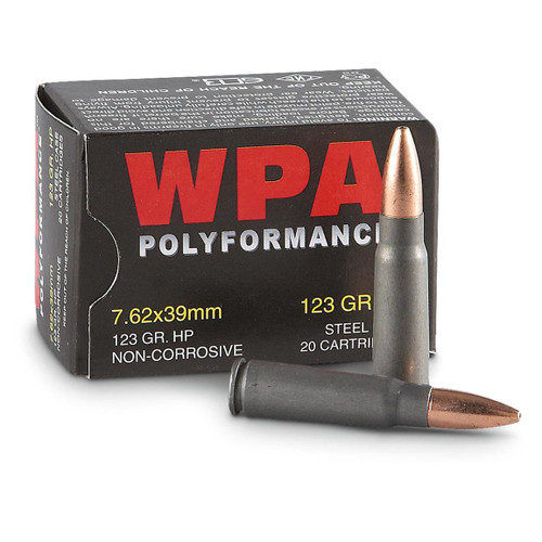 Wolf polyformance 7.62x39mm 123 Grain HP, has 20 rounds per box, manufactured by Wolf.