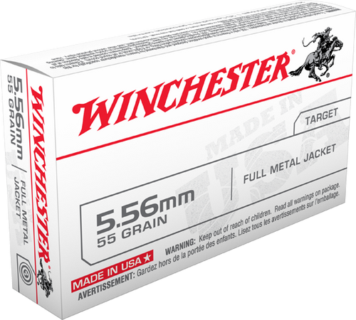 Winchester 5.56 Nato 55 Grain FMJ, has 20 rounds per box, manufactured by Winchester.