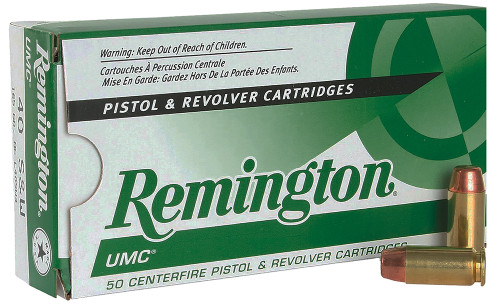 Remington UMC 40s&w 165 Grain Brass MC, has 50 rounds per box, manufactured by Remington.