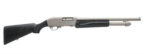 This is a HATSAN shotgun model Escort Marine Guard pump shotgun, chambered in 12 gauge. This model has the Marine Guard (Nickel) finish.