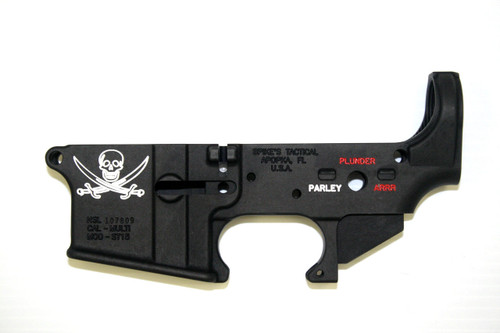 This is a factory Spike's Tactical AR-15 lower receiver. Called the "Calico Jack" this lower has a pirate theme.