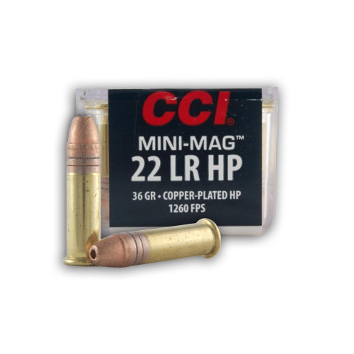 CCI Mini-Mag .22 long rifle 36 Grain Copper-Plated Hollow Point, has 100 rounds per box, manufactured by CCI.