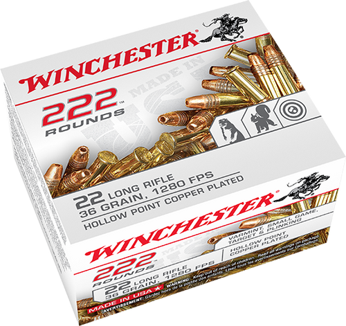 Winchester .22 long rifle 36 Grain Copper-Plated Hollow Point, has 222 rounds per box, manufactured by Winchester.