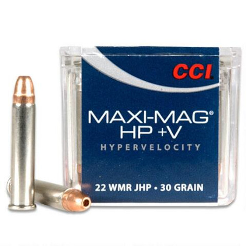 CCI MAXI-MAG .22 magnum 30 Grain Jacketed Hollow Point +V, has 50 rounds per box, manufactured by CCI.
