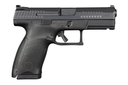 This is a CZ P10 compact pistol chambered in 9mm with a black finish.