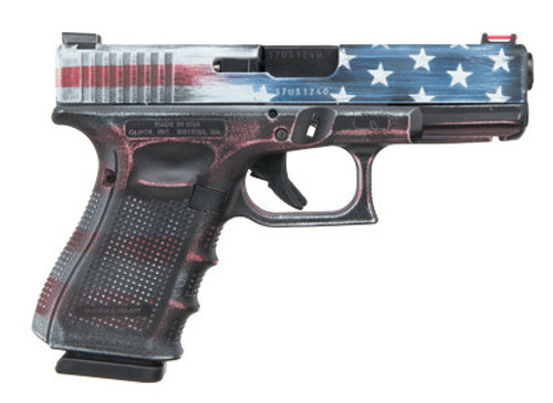 This is a Glock 19 9mm, Gen 4, with the a special Battleworn United State Flag Theme cerakote.