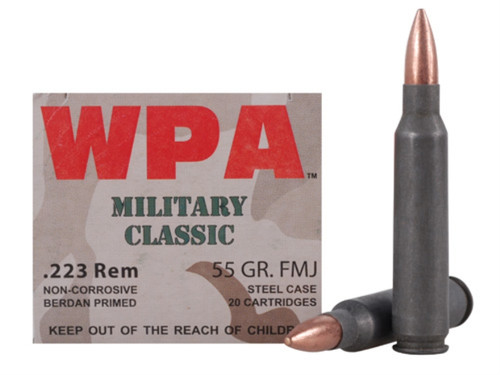 This is a box of Wolf Military Classic ammunition in the .223 remington caliber, 55 grain FMJ, 20 rounds / box.